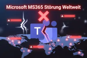 Microsoft 365 und Teams Störung weltweit – zerbrochenes Teams-Logo über einer Weltkarte mit Fehlermeldungen