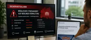 Monitor mit Sicherheitsalarm zum Cyberangriff auf die Berliner Verwaltung, daneben eine Nachrichtenmeldung dazu