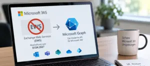 Laptop zeigt die Abschaltung von Exchange Web Services in Microsoft 365 und den Wechsel zur Microsoft Graph API