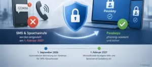 Passkeys statt SMS-MFA in Microsoft Entra ID – Zeitplan mit den Terminen 1. September 2026 und 1. Februar 2027