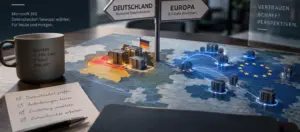 Wegweiser mit den Richtungen Deutschland für nationale Datenresidenz und Europa für die EU Data Boundary über einer Karte mit Serverschränken in Deutschland und der EU