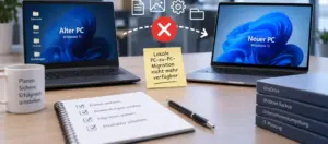 Alter und neuer Windows-11-PC nebeneinander, dazwischen ein rotes Kreuz und der Hinweis, dass die lokale PC-zu-PC-Migration nicht mehr verfügbar ist