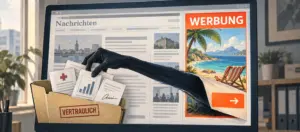 AdFection: Hand greift aus einem Werbebanner am Bildschirm nach vertraulichen Unterlagen