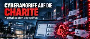 KI-generiertes Symbolbild zum Cyberangriff auf die Charité: Laptop mit Kontaktformular und aufgebrochenem Schloss vor dem nächtlichen Klinikgebäude