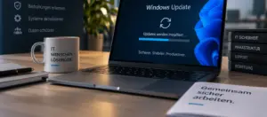 Microsoft Patchday Oktober 2026: Notebook installiert Windows-Sicherheitsupdates am Büroarbeitsplatz