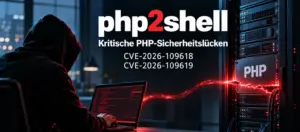 Warnsymbol vor Servergehäusen: kritische PHP-Sicherheitslücken php2shell in Webanwendungen von Unternehmen